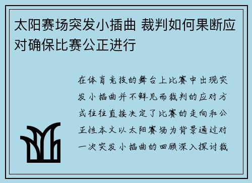 太阳赛场突发小插曲 裁判如何果断应对确保比赛公正进行