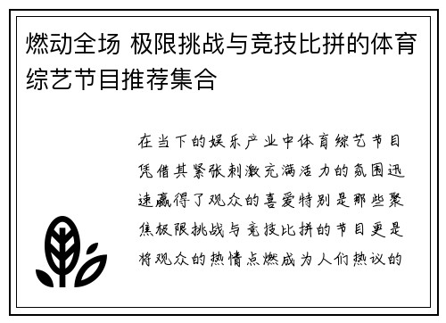 燃动全场 极限挑战与竞技比拼的体育综艺节目推荐集合
